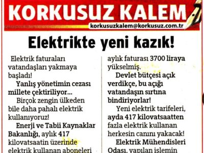 ELEKTRİKTE YENİ KAZIK! (KORKUSUZ GAZETESİ, 12.03.2025)