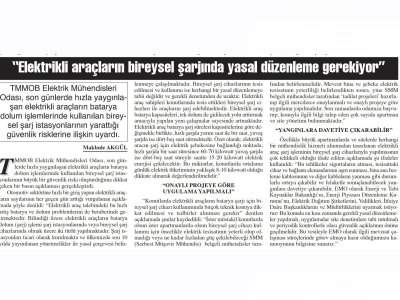 ELEKTRİKLİ ARAÇLARIN BİREYSEL ŞARJINDA YASAL DÜZENLEME GEREKİYOR (BAŞKENT GAZETESİ, 20.03.2025)