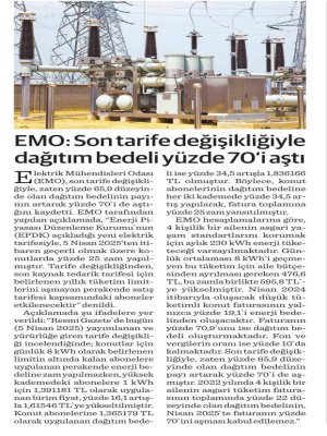 EMO: SON TARİFE DEĞİŞİKLİĞİYLE DAĞITIM BEDELİ YÜZDE 70`İ AŞTI (DÜNYA GAZETESİ, 08.04.2025)