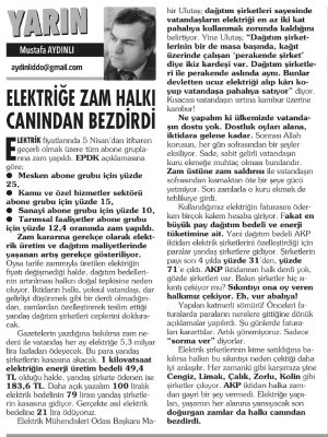 ELEKTRİĞE ZAM HALKI CANINDAN BEZDİRDİ (MUSTAFA AYDINLI - DEVRİM GAZETESİ, 16.04.2025)