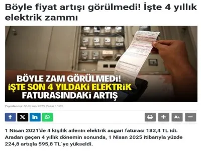 BÖYLE FİYAT ARTIŞI GÖRÜLMEDİ! İŞTE 4 YILLIK ELEKTRİK ZAMMI (MERHABAHABER.COM, 06.04.2025)