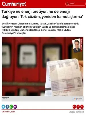 TÜRKİYE NE ENERJİ ÜRETİYOR, NE DE ENERJİ DAĞITIYOR: TEK ÇÖZÜM, YENİDEN KAMULAŞTIRMA (CUMHURİYET.COM.TR, 13.04.2025)