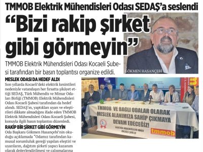 BİZİM YAKA GAZETESİ: TMMOB ELEKTRİK MÜHENDİSLERİ ODASI SEDAŞ`A SESLENDİ `` BİZİ RAKİP ŞİRKET GİBİ GÖRMEYİN``