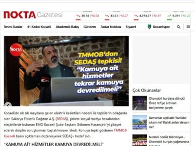 NOKTA GAZETESİ : TMMOB`DAN SEDAŞ TEPKİSİ! ``KAMUYA AİT HİZMETLER TEKRAR KAMUYA DEVREDİLMELİ``