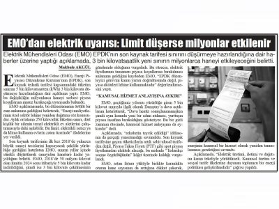 EMO`DAN ELEKTRİK UYARISI: LİMİT DÜŞERSE MİLYONLAR ETKİLENİR (BAŞKENT GAZETESİ, 09.10.2025)